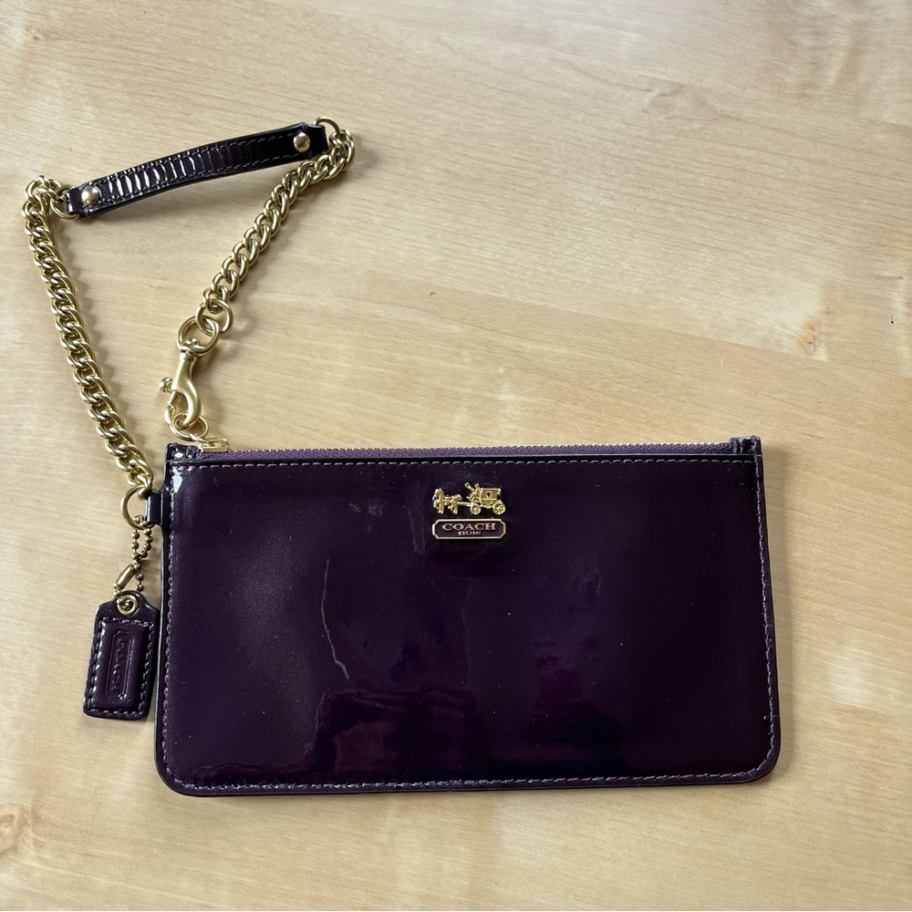 Coach Patent Wristlet in Plum with Gold Chain